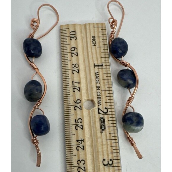 Copper Waves Dangle Earrings  With Blue Soda Lite Beads French Hook Handmade - Picture 5 of 5